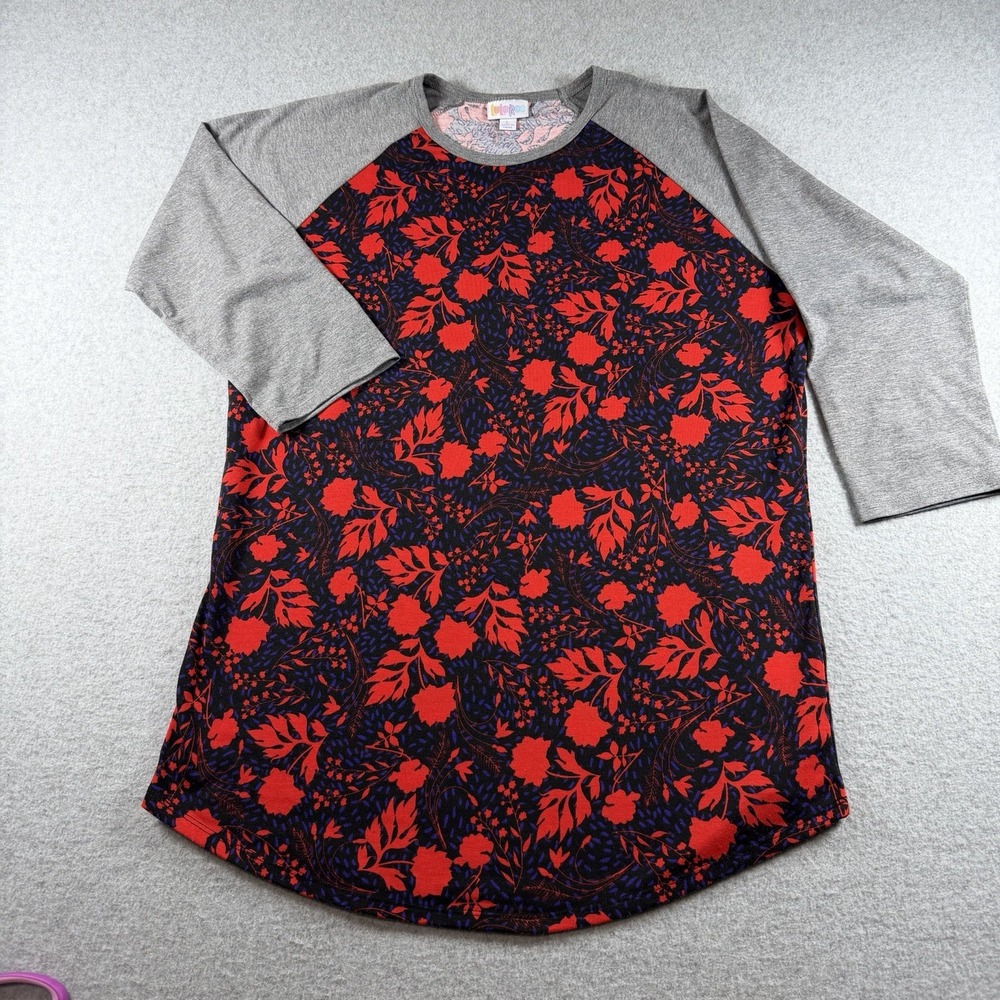LuLaRoe Randy Raglan Baseball T Shirt L Gray Red Floral 3/4 Sleeve Whimsigoth